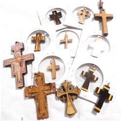 Estate Lot Antique/Vintage Wooden Cross Pendants.  You will receive 12 different crosses in this col