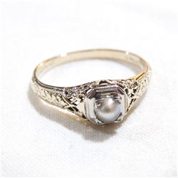 Antique 14K-18K Yellow & White Gold Forget-me-not Band Design with Pearl.  Size 6 3/4.  Total weight