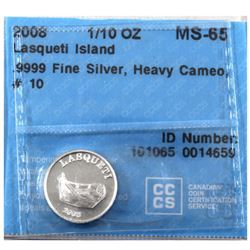 2008 Lasqueti Island 1/10oz Fine Silver CCCS Certified MS-65 Heavy Cameo (Tax Exempt)