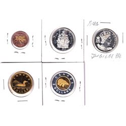 5x Canada commemorative proof coins: 2003 Gold plated 1-cent ( scuffed), 2002 Jubilee  50-cent, 1952