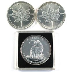 3x Canada 1oz Silver Maple leaf: 1990, 1993 & 2011 Wolf 1oz silver coin. (Tax Exempt)