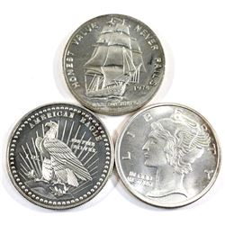 Lot of 3x 1oz Fine Silver rounds. Lot includes: Mercury dime design, 1974 USS Constitution Ship, and