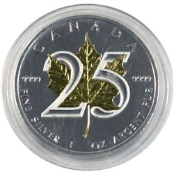 2013 Canada $5 25th Anniversary of the Silver Maple Leaf with Gold Plated maple leaf. Coin comes enc