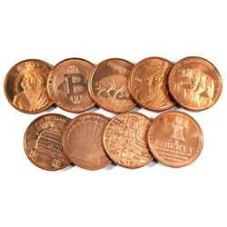 9x  Miscellaneous Pure Copper -  1oz. .999  Fine copper coin(TAX Exempt) 9pcs