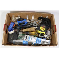 FLAT OF ASSORTED TOOLS INCLUDING TAPE MEASURE,