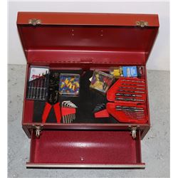 RED METAL TOOL BOX WITH CONTENTS INCLUDING