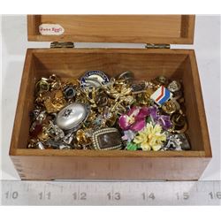 TRINKET BOX FULL OF ASSORTED PINS AND MORE