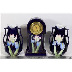 ANTIQUE CHINA FLORAL TABLE CLOCK AND 2 MATCHING