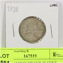 1938 CANADIAN SILVER 25 CENT COIN