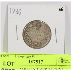 1936 CANADIAN SILVER 25 CENT COIN