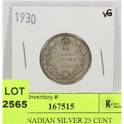 1930 CANADIAN SILVER 25 CENT COIN