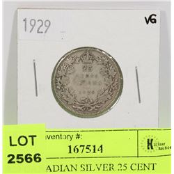 1929 CANADIAN SILVER 25 CENT COIN