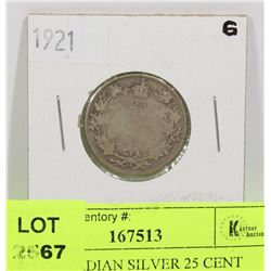 1921 CANADIAN SILVER 25 CENT COIN