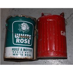 VINTAGE 5 GALLON WHITE ROSE OIL TIN & GAS CAN