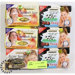 6 BARS OF ASSORTED SOAP, SOME SUNBLOCK
