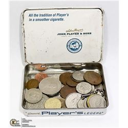 PLAYERS CIGARETTE TIN WITH ASSORTED COINS