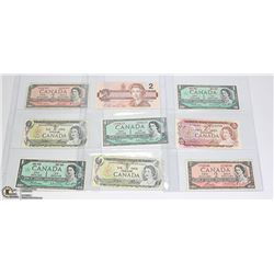 LOT OF 9 OLD CANADA $1 & $2 BANK NOTES