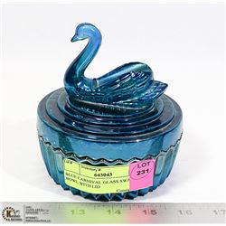 BLUE CARNIVAL GLASS SWAN BOWL WITH LID