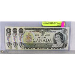 LOT OF THREE $1 BILLS - CONSECUTIVE SERIAL NUMBERS