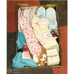NEW FLAT OF ASSORTED SLIPPERS AND SLIPPER SOCKS