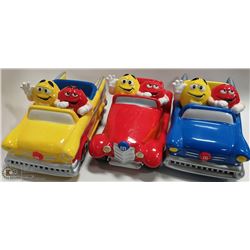 M & M'S 3 CERAMIC CANDY HOT ROD CARS