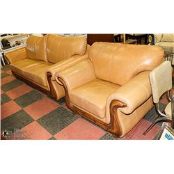 YELLOW LEATHER WITH WOOD ACCENT SOFA AND CHAIR
