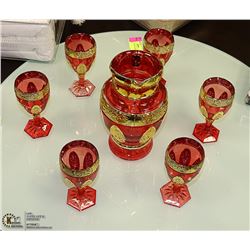 RED ART GLASS PITCHER AND GLASS SET