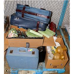 PALLET OF ASSORTED ESTATE ORNAMENTS, LUGGAGE  AND