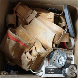 BOX OF  ASSORTED TOOLS - TOOL BELT, TAPE MEASURES