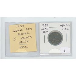 1934 NEAR RIM NICKEL 5 CENTS. VF-20. NICE.