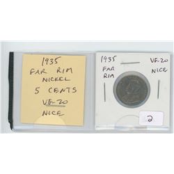 1935 FAR RIM NICKEL 5 CENTS. VF-20. NICE.