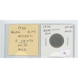 1936 NEAR RIM NICKEL 5 CENTS. VF-20. NICE.