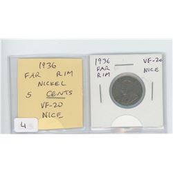 1936 FAR RIM NICKEL 5 CENTS. VF-20. NICE.