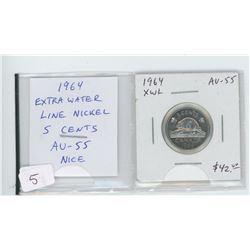 1964 EXTRA WATER LINE NICKEL 5 CENTS. SCARCE VARIETY. AU-55. NICE.