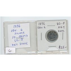 1896 OBVERSE 6 VICTORIAN SILVER 10 CENTS. VG-8. KEY DATE.