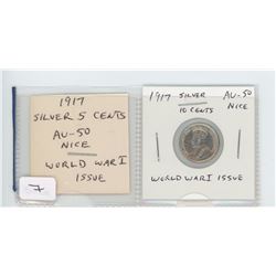 1917 SILVER 10 CENTS. WORLD WAR I ISSUE. AU-50. NICE.