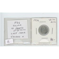 1936 SILVER 10 CENTS. THE LAST SILVER 10 CENTS ISSUED FOR GEORGE V. VF-30. NICE.