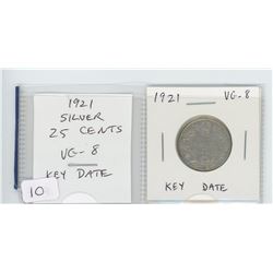 1921 SILVER 25 CENTS. VG-8. KEY DATE. MINTAGE OF 587,337.