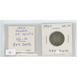 1927 SILVER 25 CENTS. VG-10. KEY DATE. MINTAGE OF 468,096.