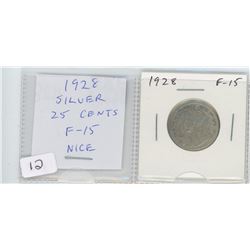 1928 SILVER 25 CENTS. F-15. NICE.