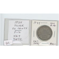 1934 SILVER 50 CENTS. F-12. NICE. KEY DATE. MINTAGE OF 39,539.