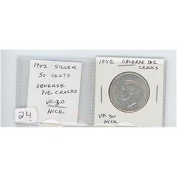 1942 SILVER 50 CENTS. OBVERSE DIE CRACKS AROUND THE EDGE. WORLD WAR II ISSUE. VF-30. NICE.