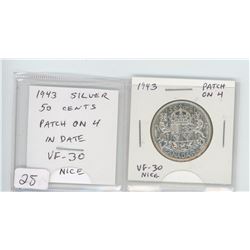 1943 SILVER 50 CENTS. PATCH ON 4 IN DATE. VF-30. NICE.
