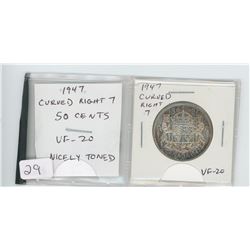 1947 CURVED RIGHT 7 SILVER 50 CENTS. VF-20. NICELY TONED.