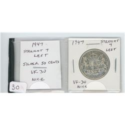 1947 STRAIGHT 7 LEFT SILVER 50 CENTS.  VF-30. NICE.