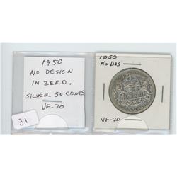 1950 NO DESIGN IN ZERO SILVER 50 CENTS. VF-20.