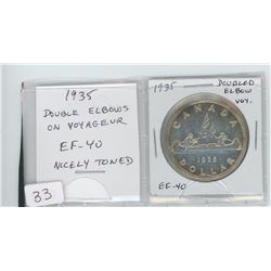 1935 SILVER DOLLAR. DOUBLING ON ELBOWS OF VOYAGEUR. THE FIRST CIRCULATING CANADIAN SILVER DOLLAR AND