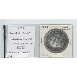 1949 SILVER DOLLAR. COMMEMORATES NEWFOUNDLAND JOINING CANADA. DEPICTS JOHN CABOT’S SHIP MATTHEW. AU-