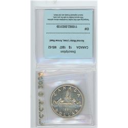 1957 1 WATERLINE SILVER DOLLAR. ARROWHEAD BEHIND INDIAN’S BACK. CCCS-CERTIFIED MS-62. BRIGHT WHITE.