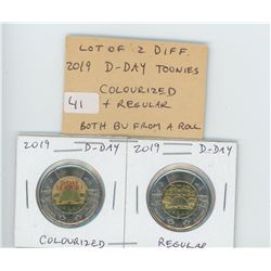 LOT OF 2 DIFFERENT 2019 D-DAY TOONIES: COLOURIZED AND REGULAR. BOTH BU FROM A NEW ROLL.